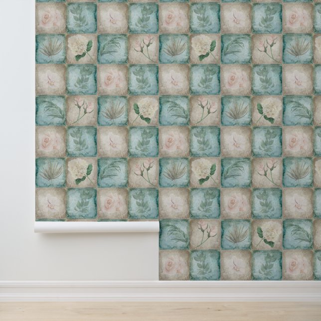 Aged Botanical Tile - Aqua and Bone Wallpaper (Application)