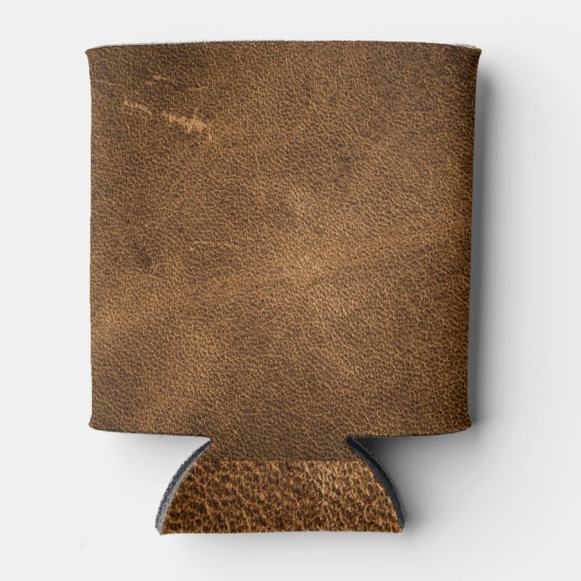Aged Brown Leather: Classic Texture Can Cooler (Front)