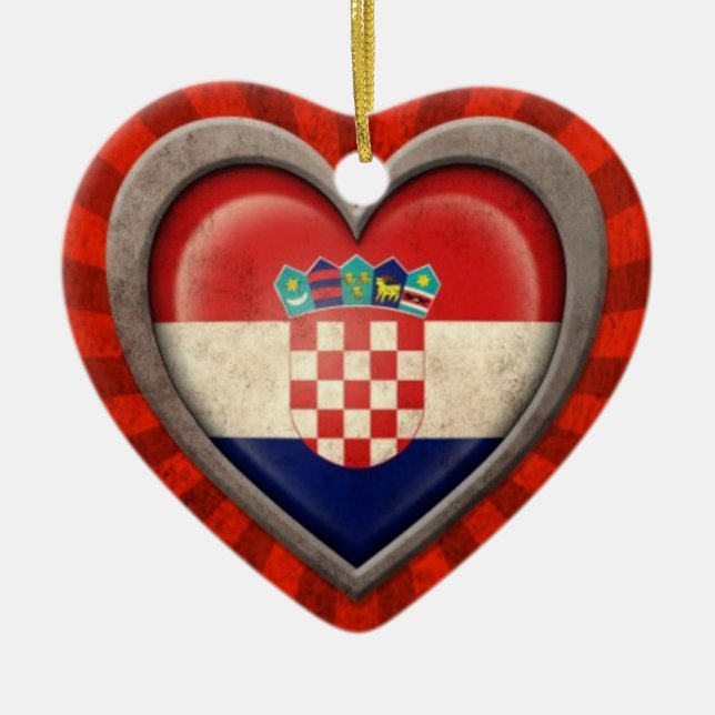 Aged Croatian Flag Heart with Light Rays Ceramic Tree Decoration (Front)