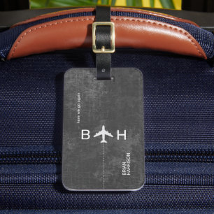 Aged Dark Grey Modern Aeroplane Monogram Luggage Tag