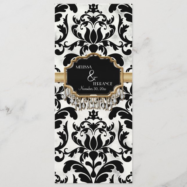 Aged Distressed Damask Golden Bling Look Wedding Menu (Front)