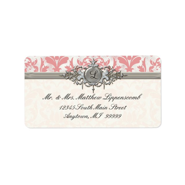 Aged Distressed Damask Silver Bling Look Wedding Label (Front)