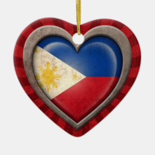 Aged Filipino Flag Heart with Light Rays Ceramic Tree Decoration