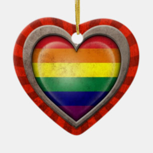 Aged Gay Pride Rainbow Flag Heart with Light Rays Ceramic Tree Decoration