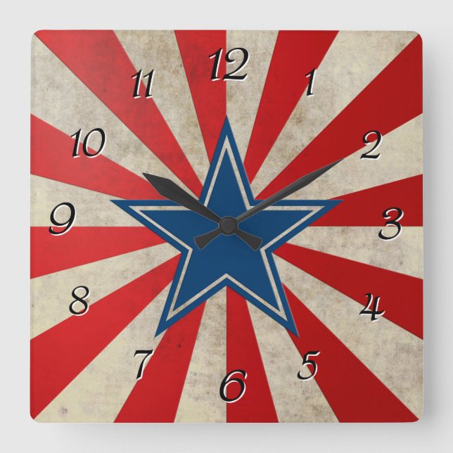 Aged Glory - Red, White and Blue Stars and Stripes Square Wall Clock (Front)