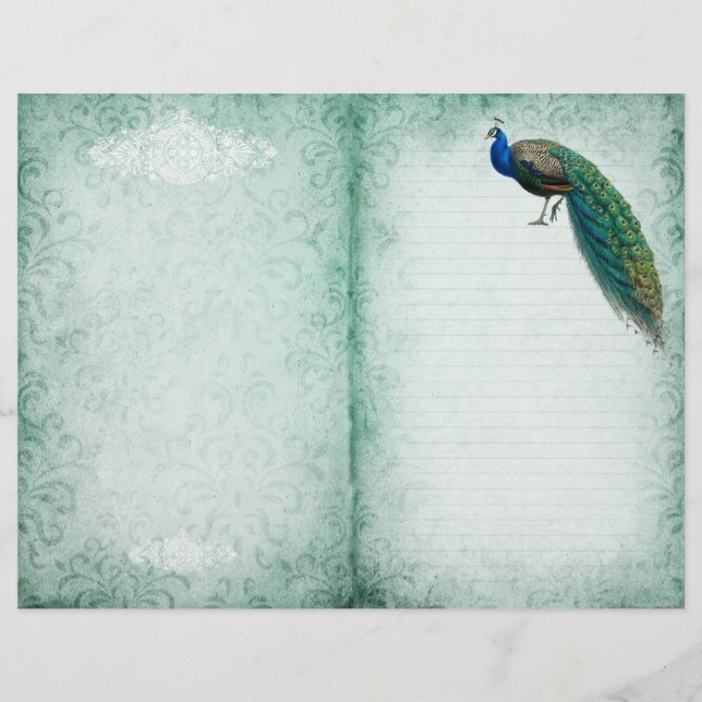 Aged Green Paper Vintage Peacock Journal Page (Front)