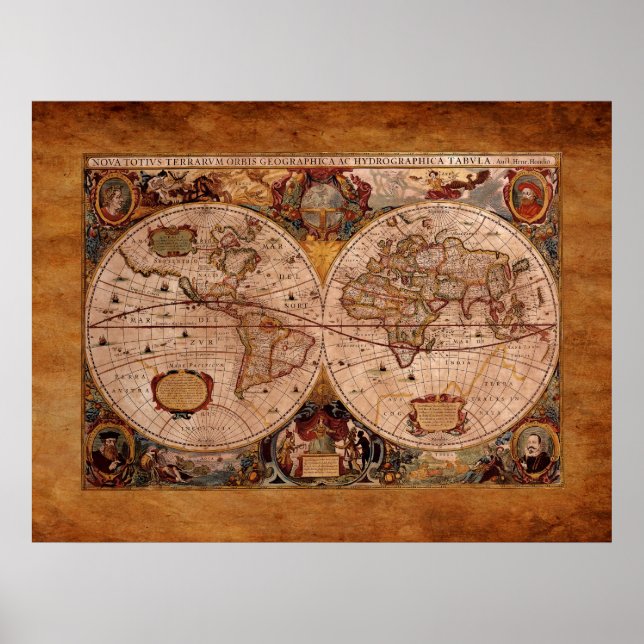 Aged Henricus Hondius' 1630 AD Old World Map Poster (Front)