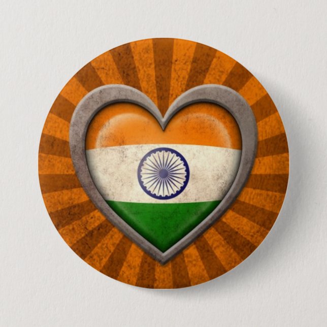 Aged Indian Flag Heart with Light Rays 7.5 Cm Round Badge (Front)