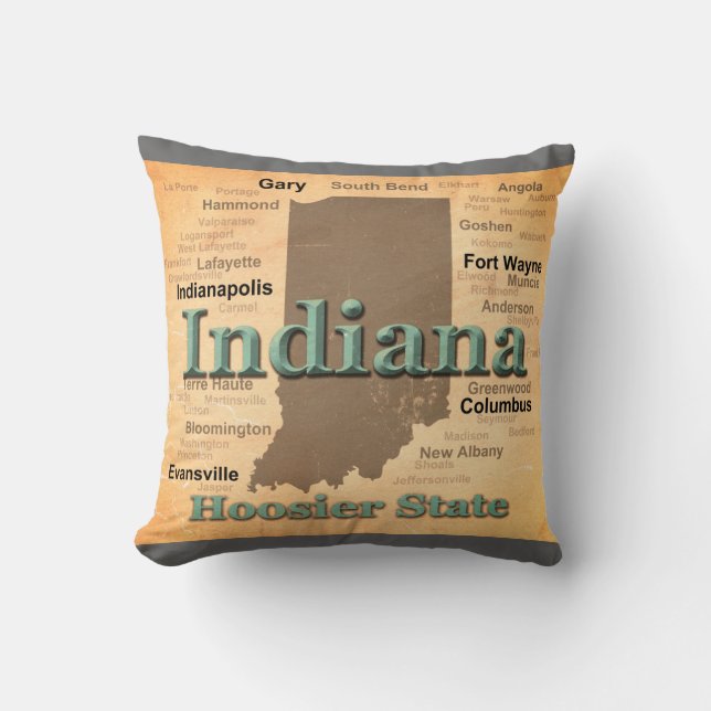 Aged Indiana State Pride Map Silhouette Cushion (Front)