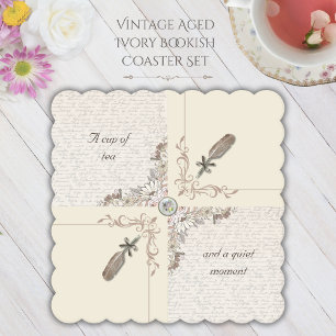 Aged Ivory Typography Cup of Tea and Quiet Moment Paper Coaster