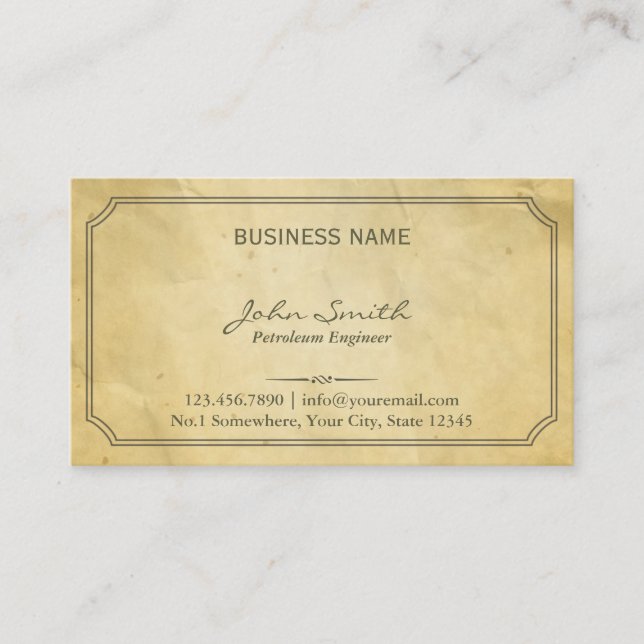 Aged Old Paper Texture Petroleum Engineer Business Card (Front)