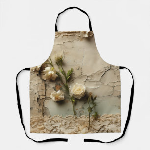 Aged Paper with White Rustic Flower Motif Apron