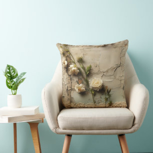 Aged Paper with White Rustic Flower Motif Cushion