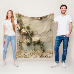 Aged Paper with White Rustic Flower Motif Fleece Blanket