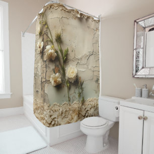 Aged Paper with White Rustic Flower Motif Shower Curtain