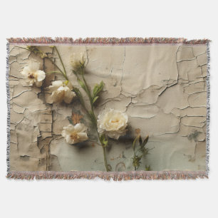 Aged Paper with White Rustic Flower Motif Throw Blanket