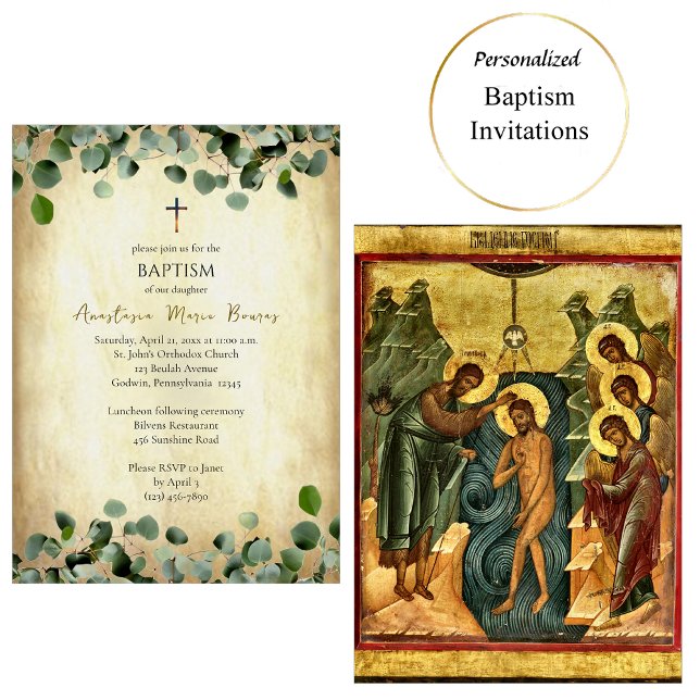 Aged Parchment and Eucalyptus Orthodox Baptism    Invitation (Creator Uploaded)