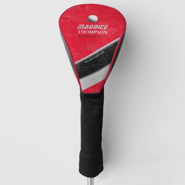 aged RED golf head cover with golfer name (Front)