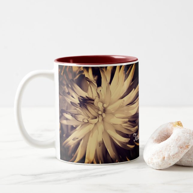 Aged Sepia Dahlia Flower Personalised Two-Tone Coffee Mug (With Donut)
