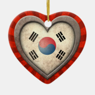 Aged South Korean Flag Heart with Light Rays Ceramic Tree Decoration