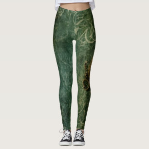 Aged Steampunk Mechanical Clockwork on Green Leggings