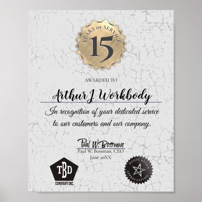 Aged stone gold employee anniversary certificate poster (Front)