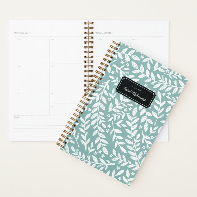 Aged Teal Sketched Floral Year and Name Planner (Display)