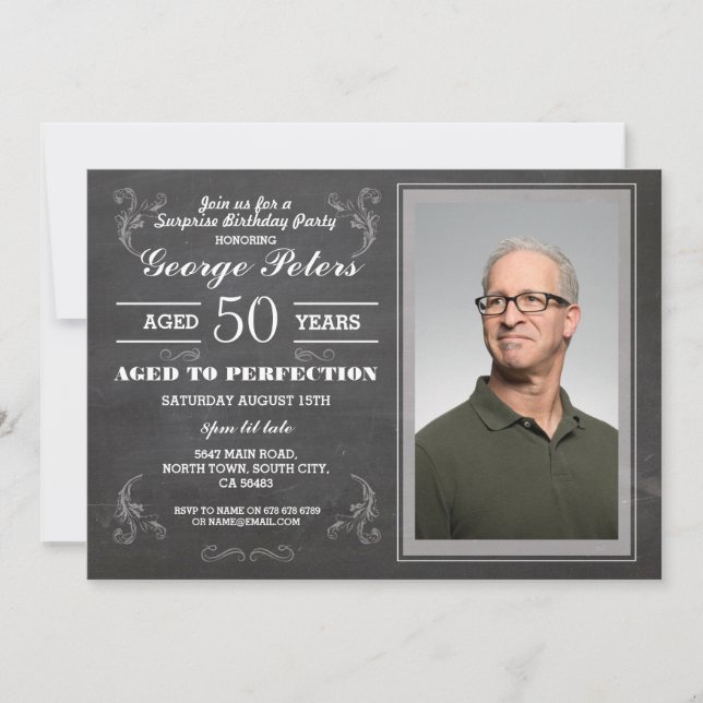 Aged To Perfection Birthday Chalk Mens Photo Invitation (Front)