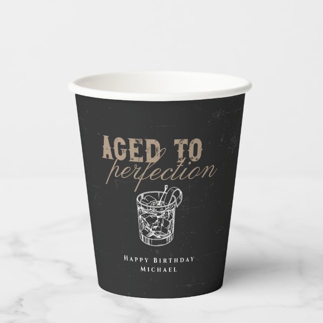 Aged to Perfection Black Whiskey Birthday Party Paper Cups (Front)