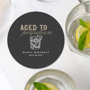 Aged to Perfection Black Whiskey Birthday Party Round Paper Coaster