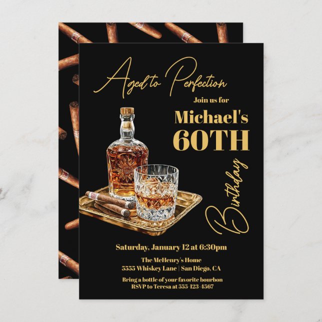 Aged to Perfection Bourbon Cigar Birthday Invitation (Front/Back)