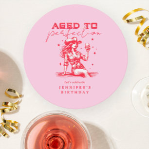 Aged to Perfection Cowgirl Pink Birthday Party  Round Paper Coaster