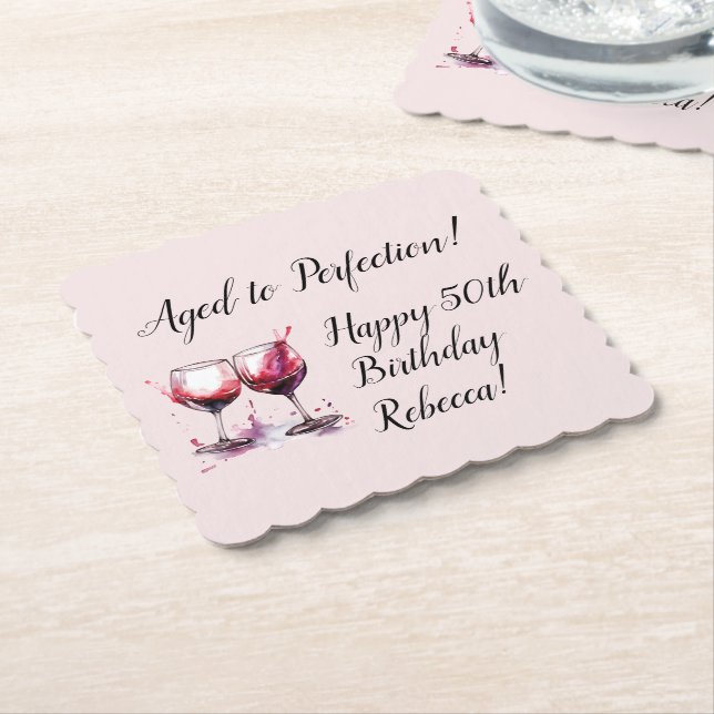 Aged to Perfection Customisable Wine Birthday Paper Coaster (Angled)