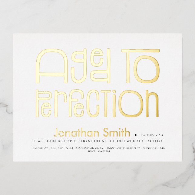 Aged to perfection man's birthday party  foil invitation postcard (Front)