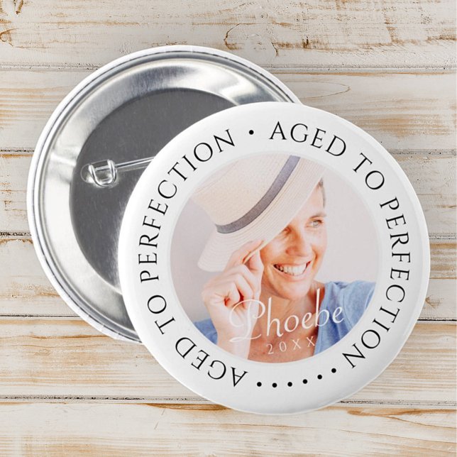 Aged to Perfection Modern Simple Birthday Photo 6 Cm Round Badge (Creator Uploaded)