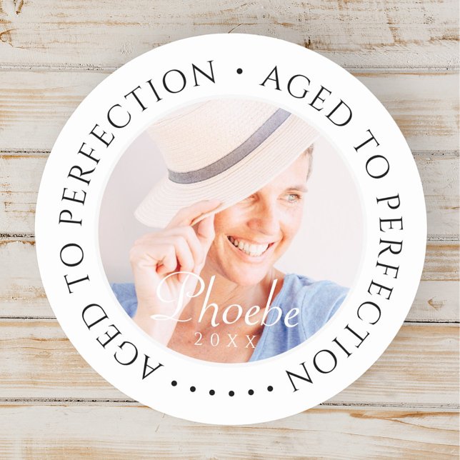 Aged to Perfection Modern Simple Birthday Photo Classic Round Sticker (Creator Uploaded)