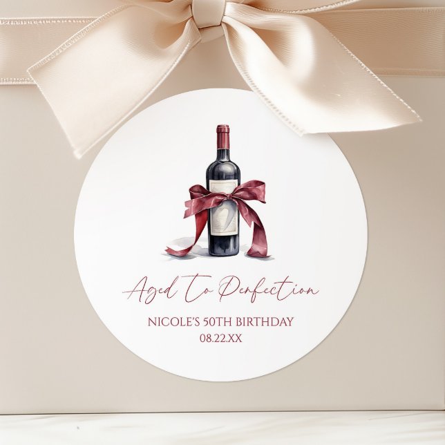 Aged To Perfection Red Wine Bow Birthday Party Classic Round Sticker (Creator Uploaded)