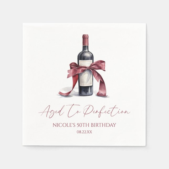 Aged To Perfection Red Wine Bow Birthday Party Napkin (Front)