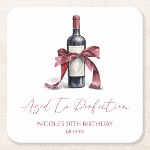 Aged To Perfection Red Wine Bow Birthday Party Square Paper Coaster