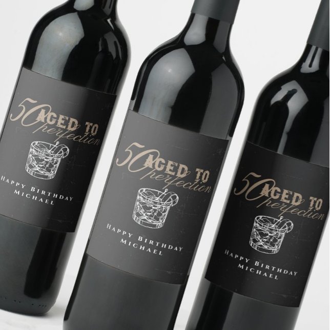 Aged to Perfection Whiskey 50th Birthday Party Wine Label (Creator Uploaded)