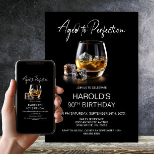 Aged to Perfection Whiskey Glass 90th Birthday Invitation