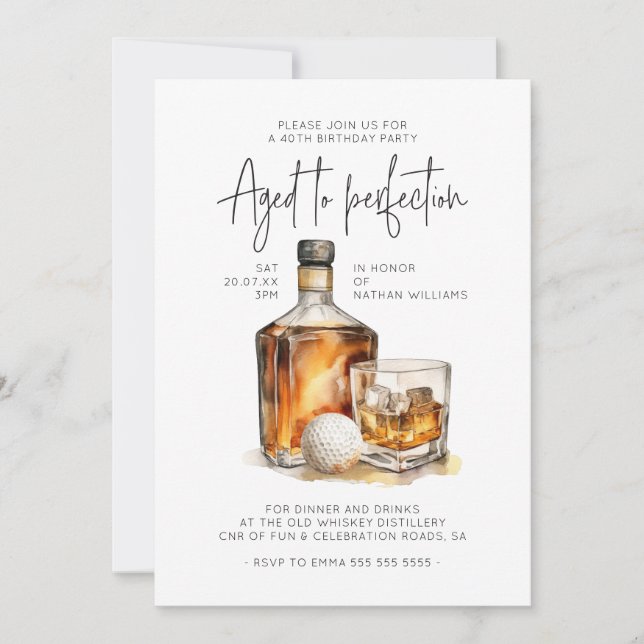 Aged to Perfection Whiskey & Golf Men's Birthday Invitation (Front)