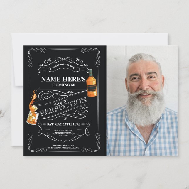 Aged to Perfection Whiskey Photo 60th Any Age Mens Invitation (Front)