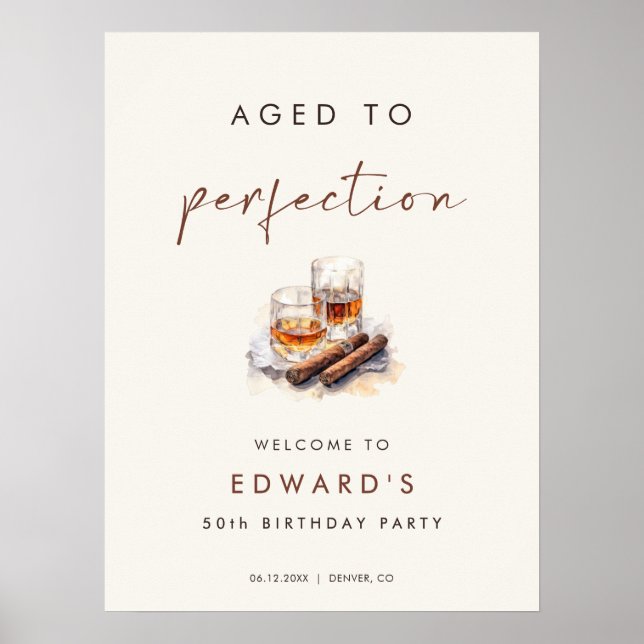 Aged to Perfection Whisky & Cigar Birthday Welcome Poster (Front)