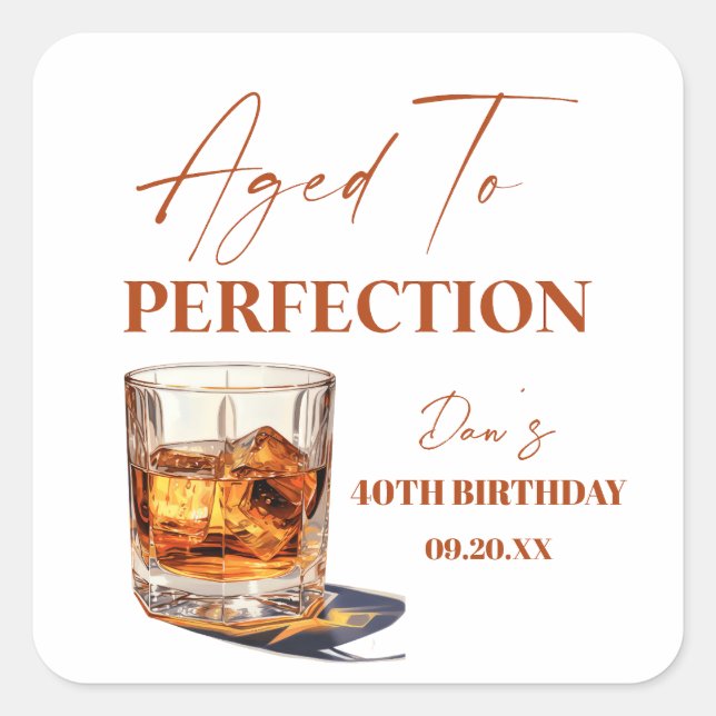 Aged To Perfection Whisky Glass Birthday Party Square Sticker (Front)