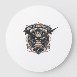 Aged To Purrfection Cat Birthday Age Vintage Vecto Large Clock