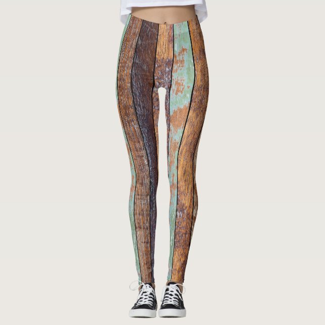Aged Vertical Wooden Background Texture Leggings (Front)
