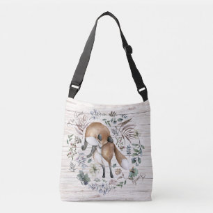 Aged Wood Monogram Name Floral Fox  Crossbody Bag
