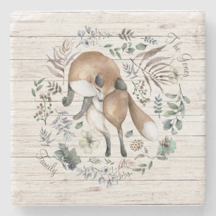Aged Wood Monogram Name Floral Fox Stone Coaster