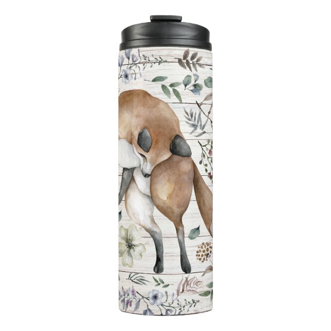 Aged Wood Monogram Name Floral Fox  Thermal Tumbler (Front)
